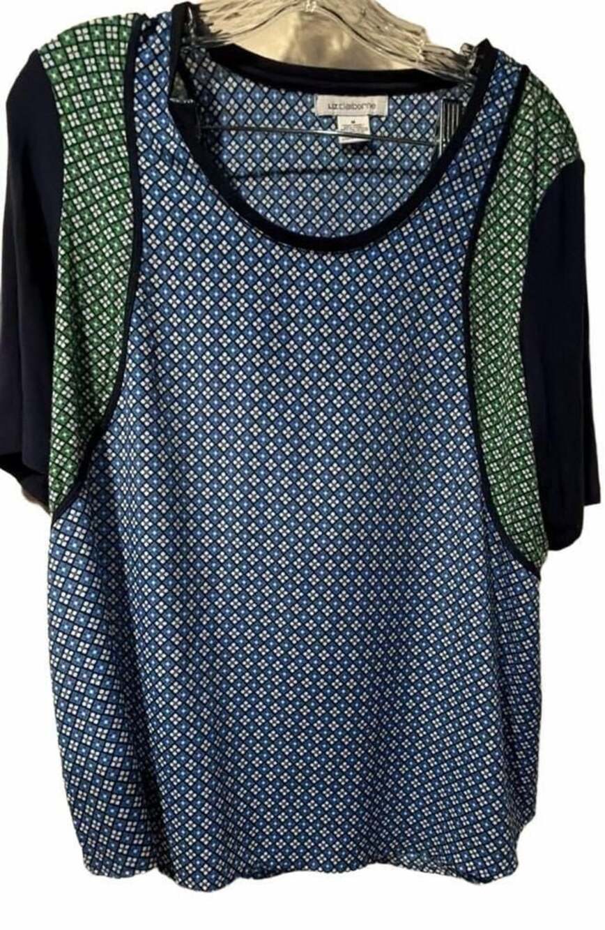 Liz Claiborne Blue and Green Geometric Mixed Print Short Sleeve Top Size M